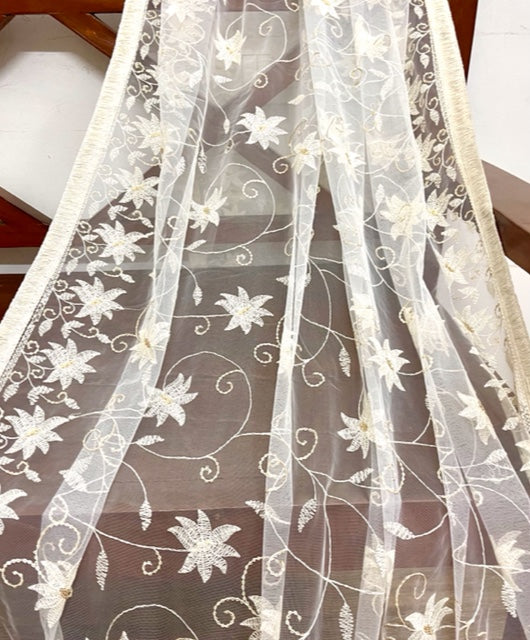 Off White Embroidered Stole/ dupatta, Sequins Net, Tulle Mesh Fabric, Embroidered Fabric, Bridal Fabric, Wedding Dupatta DP1050