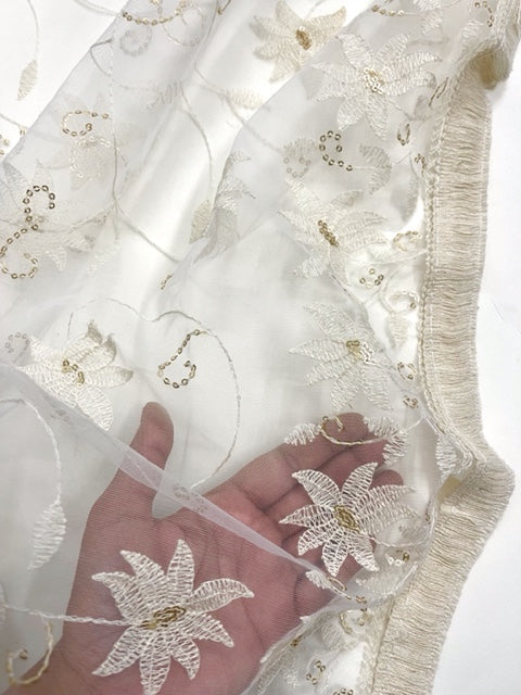 Off White Embroidered Stole/ dupatta, Sequins Net, Tulle Mesh Fabric, Embroidered Fabric, Bridal Fabric, Wedding Dupatta DP1050