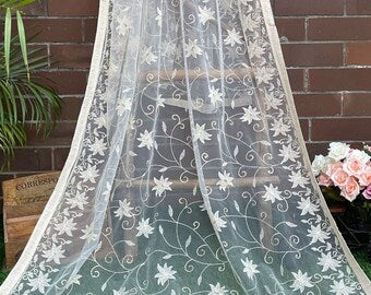 Off White Embroidered Stole/ dupatta, Sequins Net, Tulle Mesh Fabric, Embroidered Fabric, Bridal Fabric, Wedding Dupatta DP1050