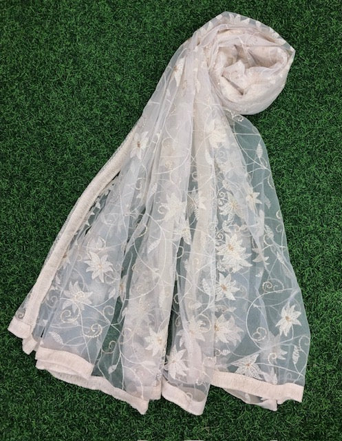 Off White Embroidered Stole/ dupatta, Sequins Net, Tulle Mesh Fabric, Embroidered Fabric, Bridal Fabric, Wedding Dupatta DP1050