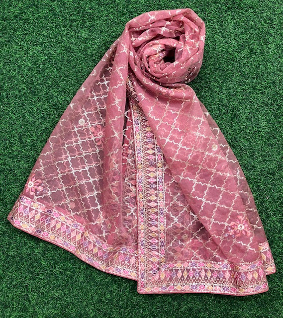 Salmon Organza Dupatta for women with sequins and thread Embroidery, Stole, Scarf, shawl, abaya, Chuniri, Indian fabric, Veil, DP1052