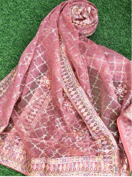 Salmon Organza Dupatta for women with sequins and thread Embroidery, Stole, Scarf, shawl, abaya, Chuniri, Indian fabric, Veil, DP1052