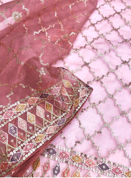 Salmon Organza Dupatta for women with sequins and thread Embroidery, Stole, Scarf, shawl, abaya, Chuniri, Indian fabric, Veil, DP1052