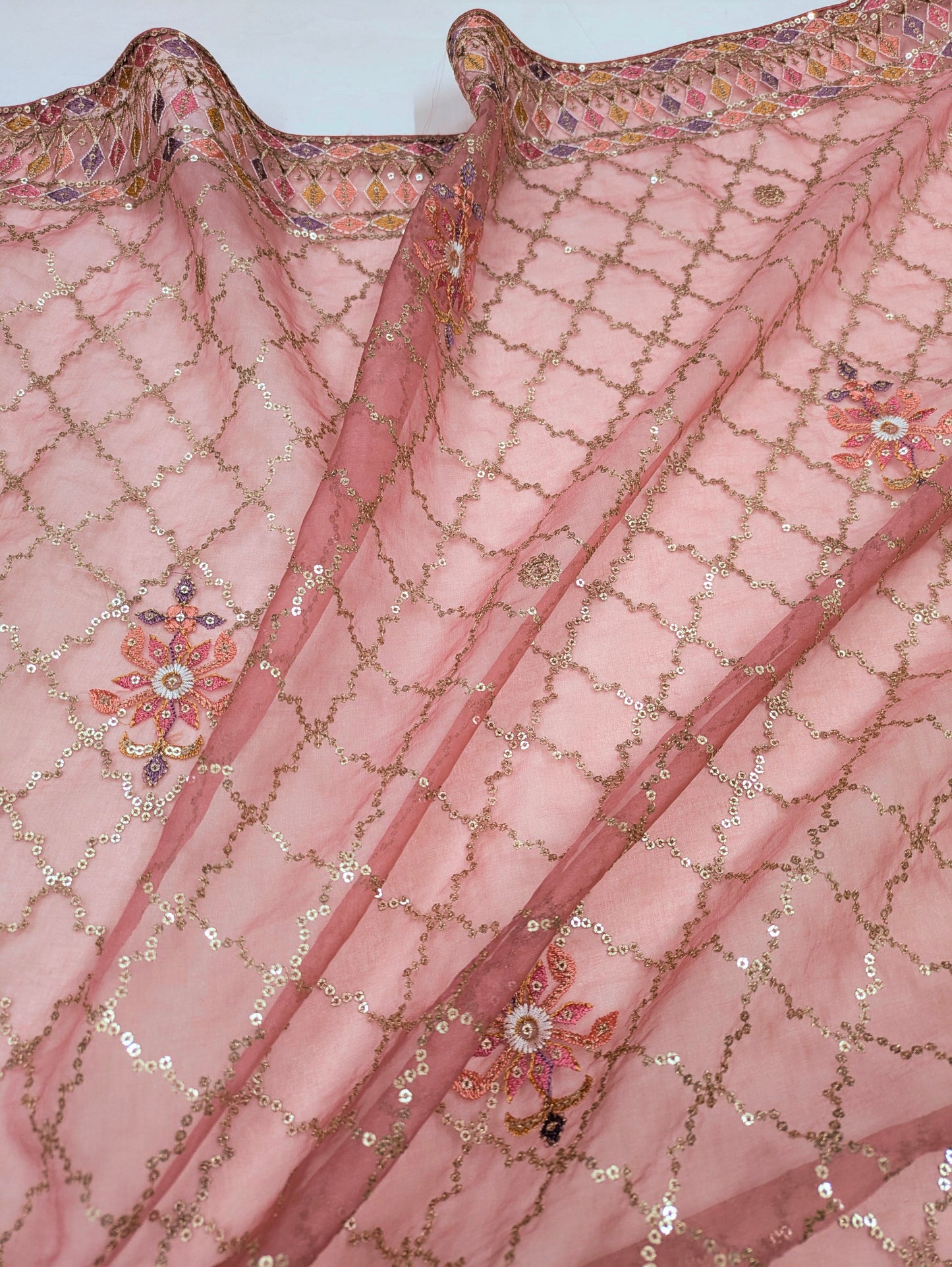 Salmon Organza Dupatta for women with sequins and thread Embroidery, Stole, Scarf, shawl, abaya, Chuniri, Indian fabric, Veil, DP1052