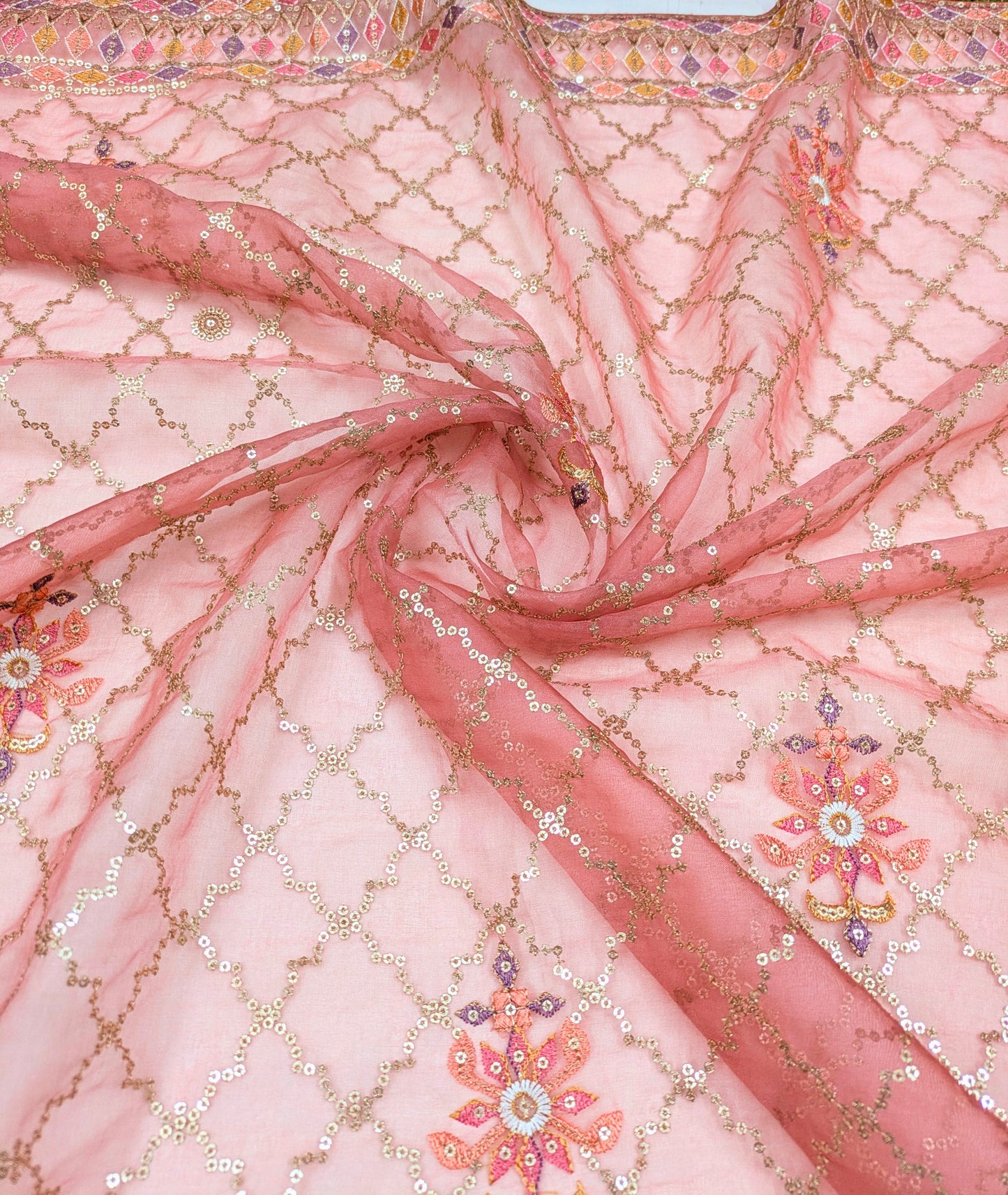 Salmon Organza Dupatta for women with sequins and thread Embroidery, Stole, Scarf, shawl, abaya, Chuniri, Indian fabric, Veil, DP1052