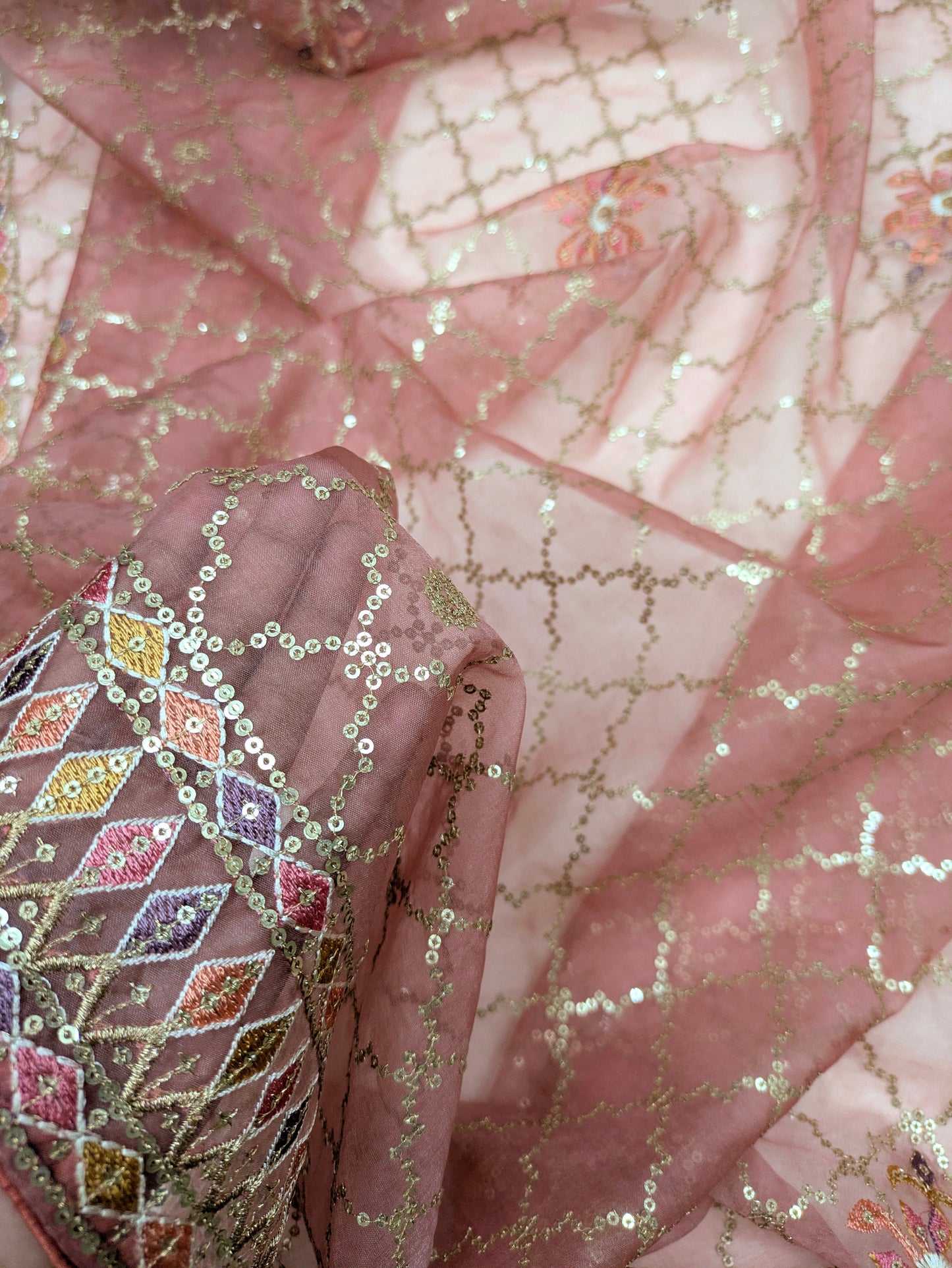 Salmon Organza Dupatta for women with sequins and thread Embroidery, Stole, Scarf, shawl, abaya, Chuniri, Indian fabric, Veil, DP1052