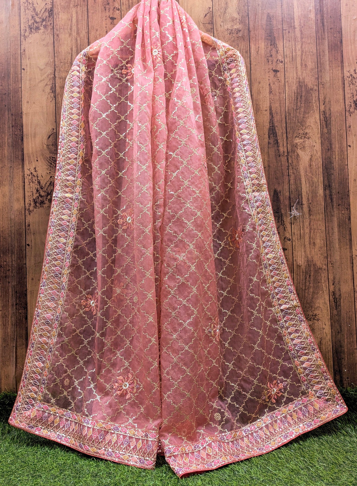 Salmon Organza Dupatta for women with sequins and thread Embroidery, Stole, Scarf, shawl, abaya, Chuniri, Indian fabric, Veil, DP1052