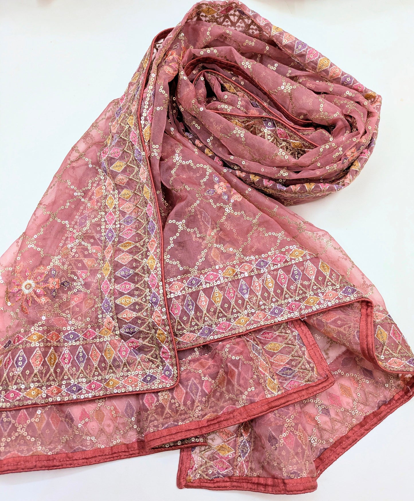 Salmon Organza Dupatta for women with sequins and thread Embroidery, Stole, Scarf, shawl, abaya, Chuniri, Indian fabric, Veil, DP1052