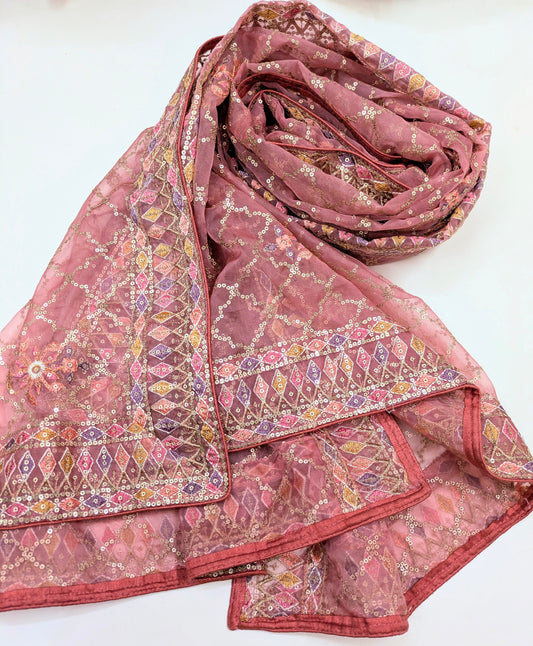 Salmon Organza Dupatta for women with sequins and thread Embroidery, Stole, Scarf, shawl, abaya, Chuniri, Indian fabric, Veil, DP1052