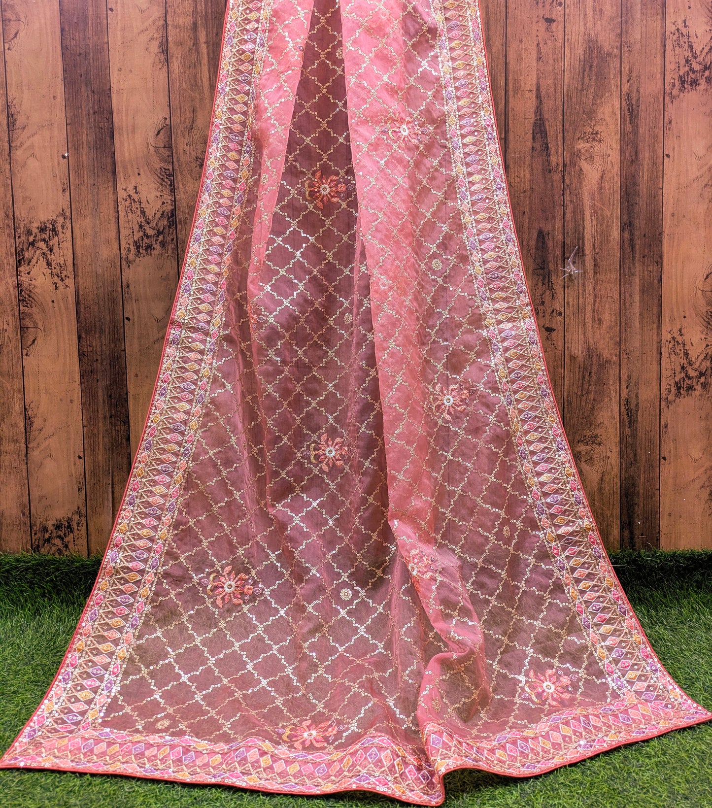 Salmon Organza Dupatta for women with sequins and thread Embroidery, Stole, Scarf, shawl, abaya, Chuniri, Indian fabric, Veil, DP1052