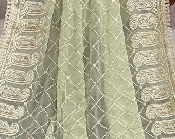 Pastel Sage Green Georgette Embroidered Dupatta, Lakhnavi Chikankari Indian style dupatta, Handmade Dupatta/Shawl, Indian DP1059