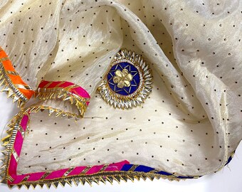 Ivory Tissue Embroidered Stole/dupatta, Wedding Dress Fabric, Abaya, Bridal Fabric, Saree Drape, Veil, Wedding Fabric DP1078