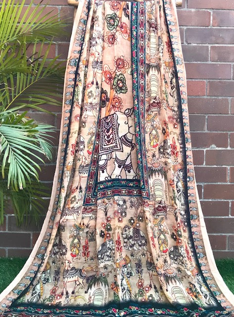 Kalamkari Chinon Chiffon Indian Dupatta for Women, Stole, Scarf, Shawl, abaya, Embroidered Indian Chunni, DP2011