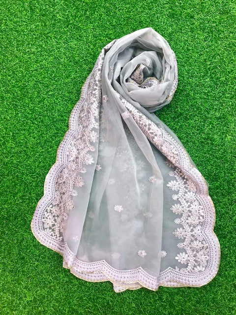 Gray Organza Dupatta for Women with Gold Embroidery, Stole, Scarf, Shawl, Abaya, Chunari, Occasion Wear, Veil, Indian Fashion, Chunni,DP19