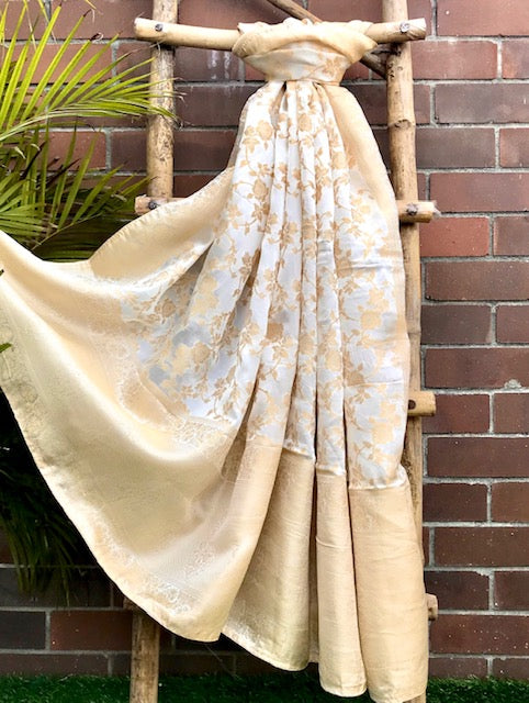 Off White and Gold Brocade Banarasi Silk Stole/dupatta, Fabric, Bridal Fabric, Saree Drape, Vail, Wedding Fabric DP11