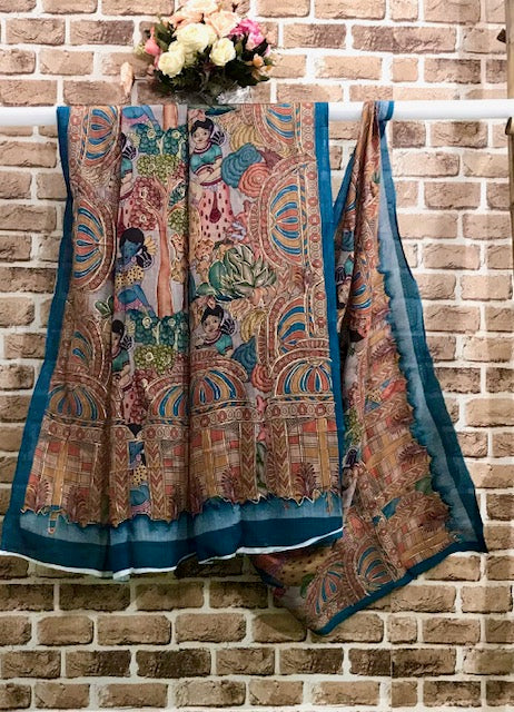 Kalamkari Chinon Chiffon Indian Dupatta for Women, Stole, Scarf, Shawl, abaya, Embroidered Indian Chunni, DP20