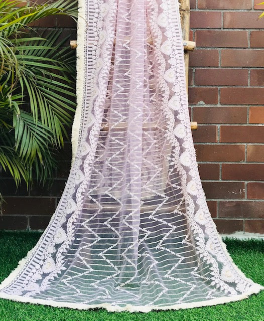 Soft Pink  Net Dupatta With Thread and Sequins Embroidery, Tulle Fabric, Chikankari Embroidery, Bridal Dress, Veil, Wedding Fabric DP2004