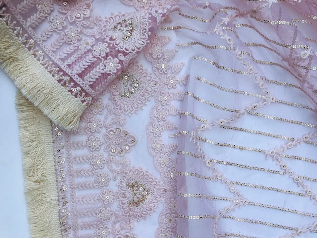 Soft Pink  Net Dupatta With Thread and Sequins Embroidery, Tulle Fabric, Chikankari Embroidery, Bridal Dress, Veil, Wedding Fabric DP2004