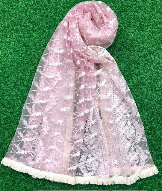 Baby Pink Net Dupatta With Thread and Sequins Embroidery, Indian Stole, Scarf for women, Tulle Fabric, Bridal Wedding Fabric, Veil, DP2005