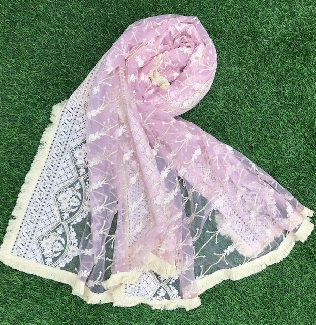 Baby Pink Net Dupatta With Thread and Sequins Embroidery, Indian Stole, Scarf for women, Tulle Fabric, Bridal Wedding Fabric, Veil, DP2005