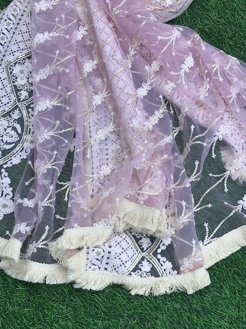 Baby Pink Net Dupatta With Thread and Sequins Embroidery, Indian Stole, Scarf for women, Tulle Fabric, Bridal Wedding Fabric, Veil, DP2005