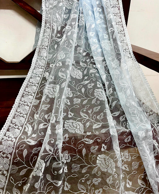 Soft Blue Organza Dupatta for Women with Sequins Embroidery , Stole, Scarf, shawl, abaya, Chuniri, Embroidered Indian Chunni, DP2010
