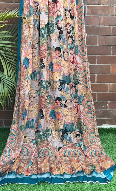 Kalamkari Chinon Chiffon Indian Dupatta for Women, Stole, Scarf, Shawl, abaya, Embroidered Indian Chunni, DP20