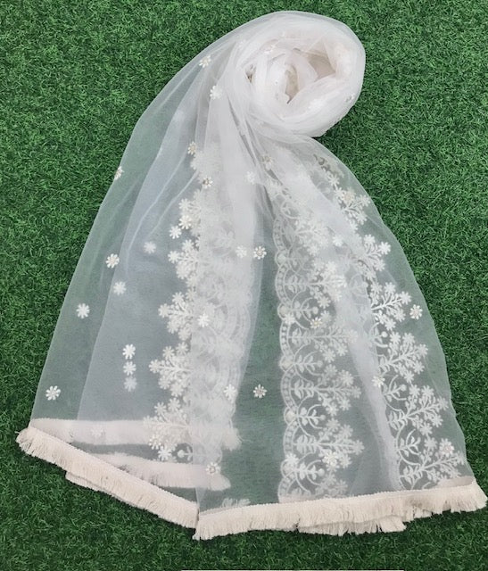 White Net dupatta with thread and sequins Embroidery, Indian Stole, Tulle Fabric, Chikankari Embroidery, Bridal Wedding Fabric, Veil, DP2012