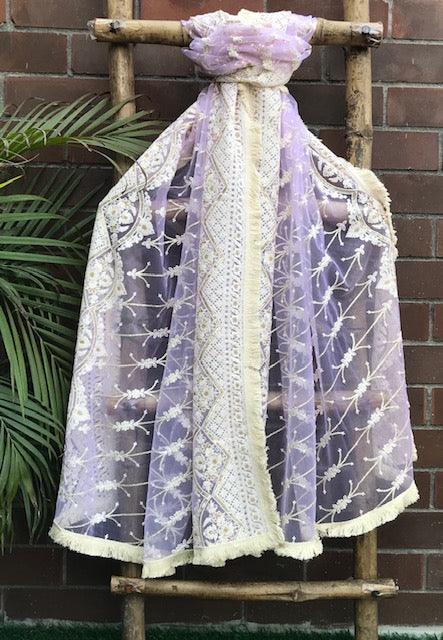 Lilac Embroidered Net Dupatta, Tulle Fabric, Chikankari Indian Stole, Shawl, Scarf for Women, Bridal Wedding Fabric, Veil, DP2011