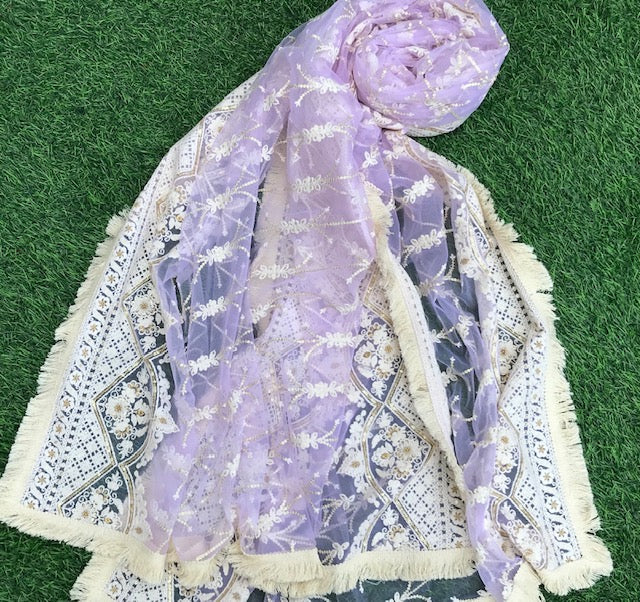 Lilac Embroidered Net Dupatta, Tulle Fabric, Chikankari Indian Stole, Shawl, Scarf for Women, Bridal Wedding Fabric, Veil, DP2011