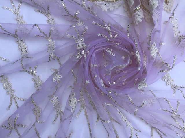 Lilac Embroidered Net Dupatta, Tulle Fabric, Chikankari Indian Stole, Shawl, Scarf for Women, Bridal Wedding Fabric, Veil, DP2011