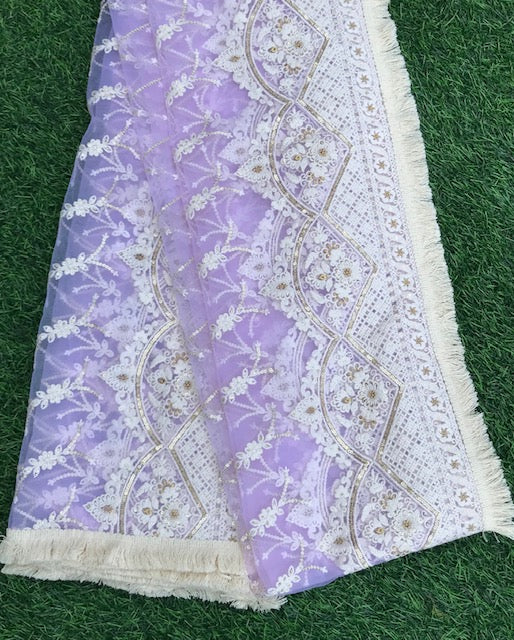 Lilac Embroidered Net Dupatta, Tulle Fabric, Chikankari Indian Stole, Shawl, Scarf for Women, Bridal Wedding Fabric, Veil, DP2011