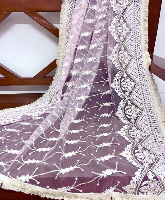 Lilac Embroidered Net Dupatta, Tulle Fabric, Chikankari Indian Stole, Shawl, Scarf for Women, Bridal Wedding Fabric, Veil, DP2011