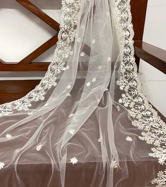 White Net dupatta with thread and sequins Embroidery, Indian Stole, Tulle Fabric, Chikankari Embroidery, Bridal Wedding Fabric, Veil, DP2012