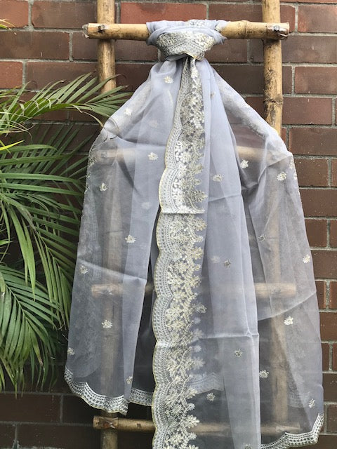 Gray Organza Dupatta for Women with Gold Embroidery, Stole, Scarf, Shawl, Abaya, Chunari, Occasion Wear, Veil, Indian Fashion, Chunni,DP19