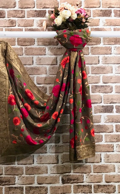 Olive Green Georgette Dupatta for women with Floral Thread Embroidery and Banarasi Brocade Border, Indian Stole, Shawl, Scarf DP21