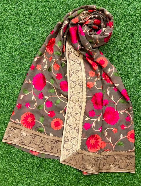 Olive Green Georgette Dupatta for women with Floral Thread Embroidery and Banarasi Brocade Border, Indian Stole, Shawl, Scarf DP21