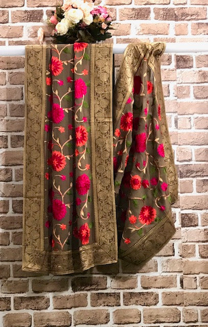 Olive Green Georgette Dupatta for women with Floral Thread Embroidery and Banarasi Brocade Border, Indian Stole, Shawl, Scarf DP21