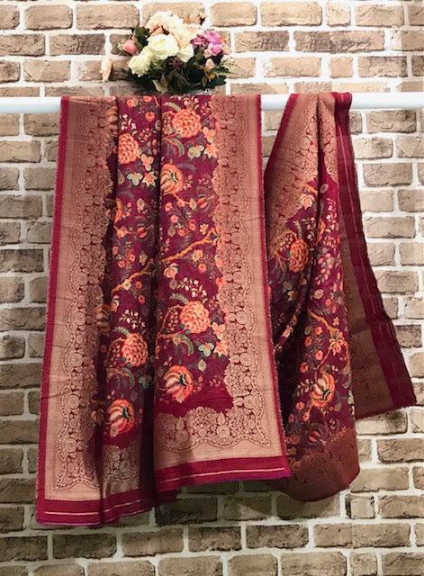 Burgundy Printed Brocade Banarasi Stole/dupatta, Wedding Dress Fabric, Abaya, Bridal Fabric, Saree Drape, Veil, Wedding Fabric DP26