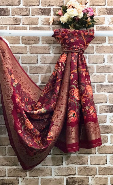 Burgundy Printed Brocade Banarasi Stole/dupatta, Wedding Dress Fabric, Abaya, Bridal Fabric, Saree Drape, Veil, Wedding Fabric DP26