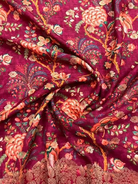 Burgundy Printed Brocade Banarasi Stole/dupatta, Wedding Dress Fabric, Abaya, Bridal Fabric, Saree Drape, Veil, Wedding Fabric DP26