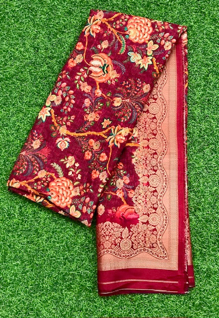 Burgundy Printed Brocade Banarasi Stole/dupatta, Wedding Dress Fabric, Abaya, Bridal Fabric, Saree Drape, Veil, Wedding Fabric DP26