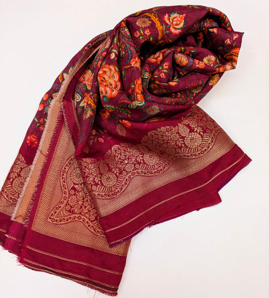 Burgundy Printed Brocade Banarasi Stole/dupatta, Wedding Dress Fabric, Abaya, Bridal Fabric, Saree Drape, Veil, Wedding Fabric DP26