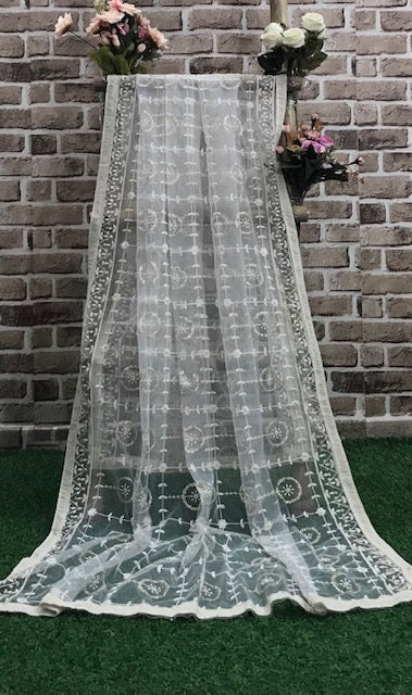 Off White Embroidered Stole/ dupatta, Sequins Net, Tulle Mesh Fabric, Embroidered Fabric, Bridal Fabric, Wedding Dupatta DP28