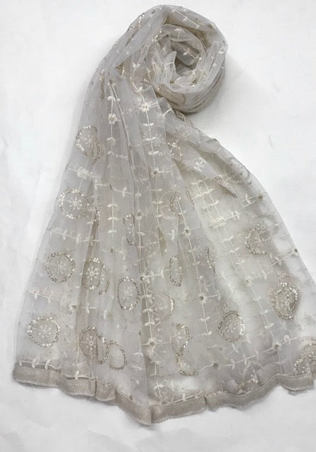 Off White Embroidered Stole/ dupatta, Sequins Net, Tulle Mesh Fabric, Embroidered Fabric, Bridal Fabric, Wedding Dupatta DP28