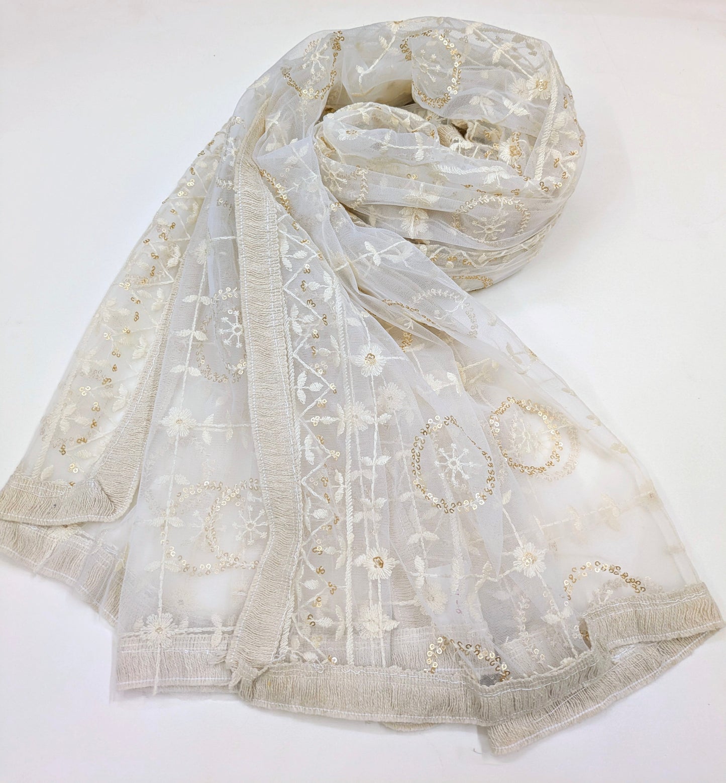 Off White Embroidered Stole/ dupatta, Sequins Net, Tulle Mesh Fabric, Embroidered Fabric, Bridal Fabric, Wedding Dupatta DP28