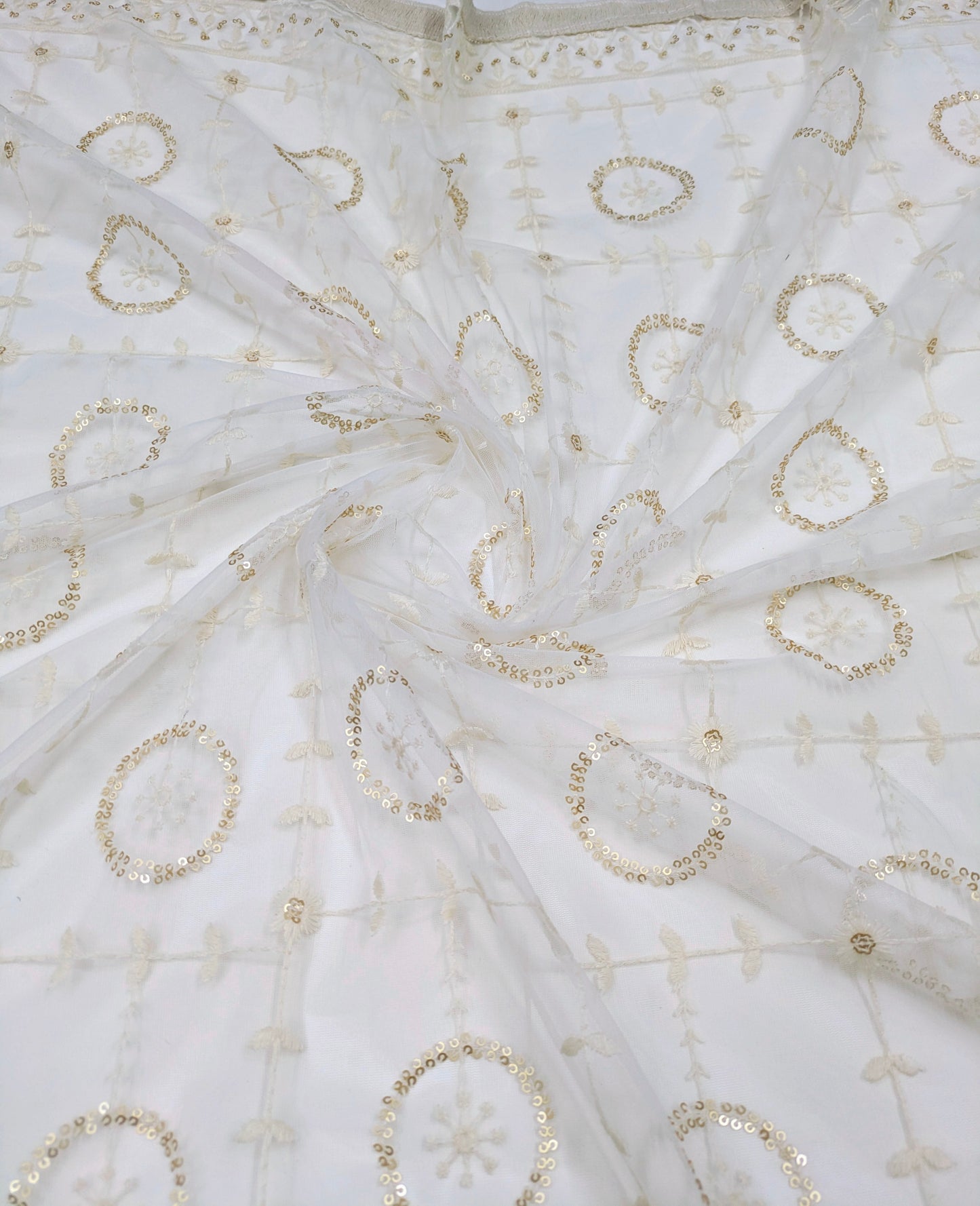 Off White Embroidered Stole/ dupatta, Sequins Net, Tulle Mesh Fabric, Embroidered Fabric, Bridal Fabric, Wedding Dupatta DP28