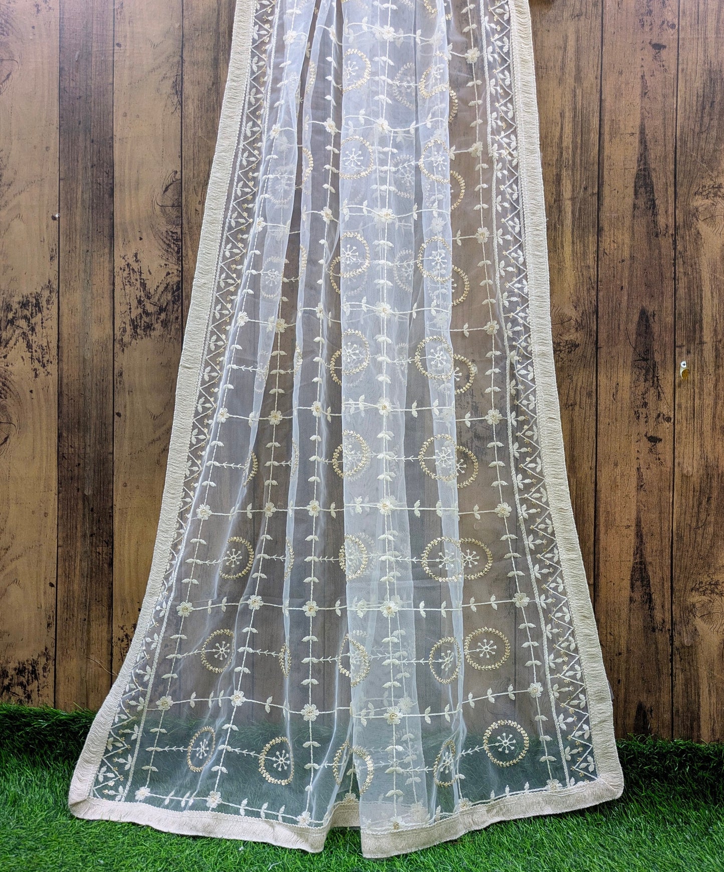 Off White Embroidered Stole/ dupatta, Sequins Net, Tulle Mesh Fabric, Embroidered Fabric, Bridal Fabric, Wedding Dupatta DP28