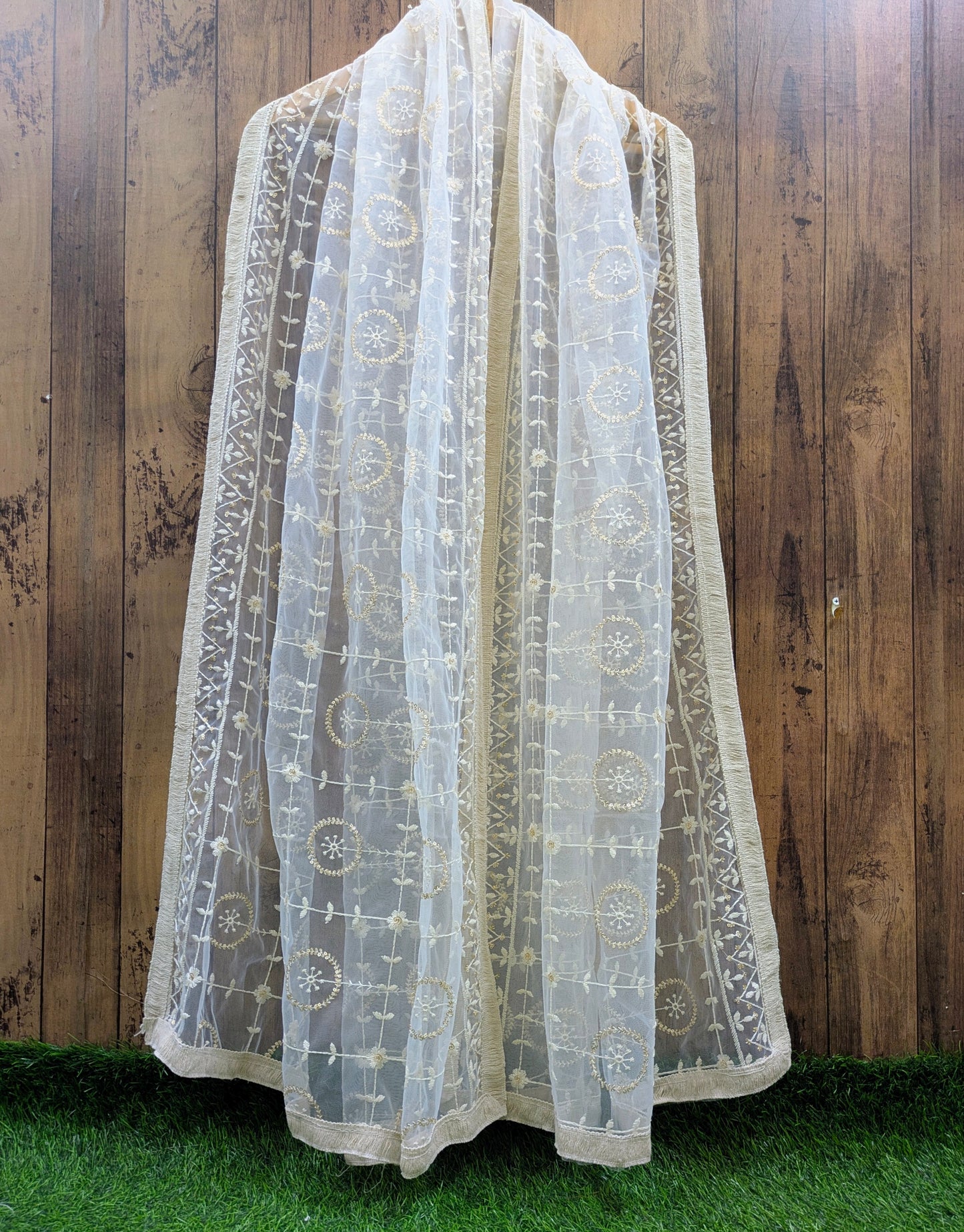 Off White Embroidered Stole/ dupatta, Sequins Net, Tulle Mesh Fabric, Embroidered Fabric, Bridal Fabric, Wedding Dupatta DP28