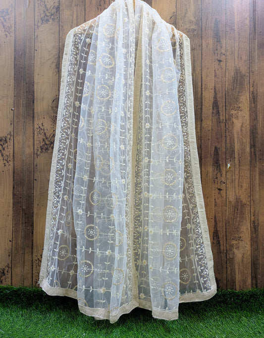 Off White Embroidered Stole/ dupatta, Sequins Net, Tulle Mesh Fabric, Embroidered Fabric, Bridal Fabric, Wedding Dupatta DP28